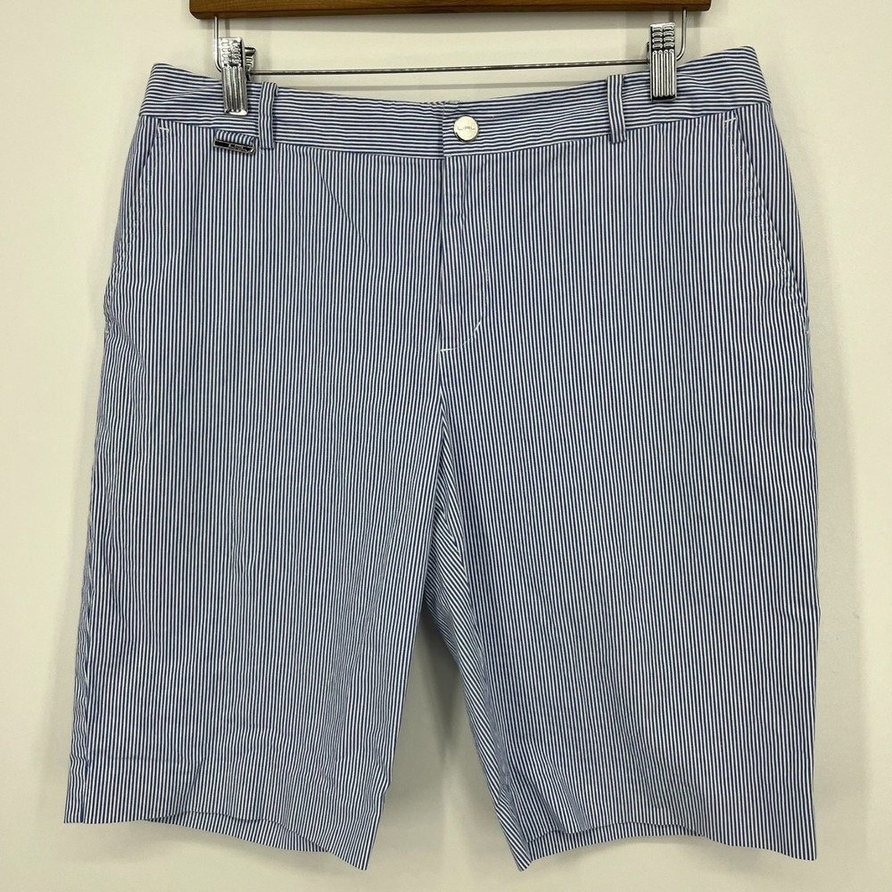 L-RL Lauren Active Ralph Lauren‎ Bermuda Shorts Women's 10 Blue Striped Pockets